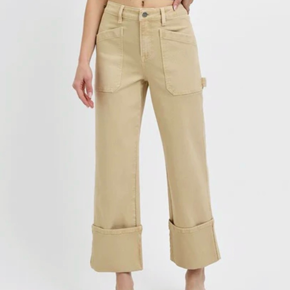 Risen High Rise Wide Leg Cuffed Jeans Patch Pockets Womens Size 26 Utility